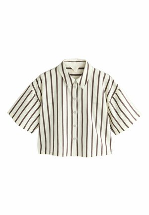 Gekürzte Hemdbluse in Off-White mit dunkelbraunen vertikalen Streifen, ausgestattet mit einem klassischen Kragen und kurzen Ärmeln für einen lässigen Schnitt.
