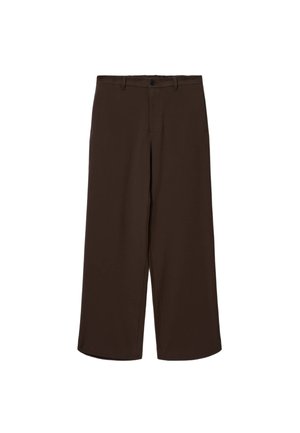 Mørkebrune, vidde-bukser med korte ben, med knap og bæltestropper, vist fladt på en hvid baggrund.