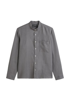 Graues Langarmshirt mit Stehkragen, durchgehender Knopfleiste und einer einzelnen Brusttasche. Hergestellt aus weichem, strukturiertem Stoff.