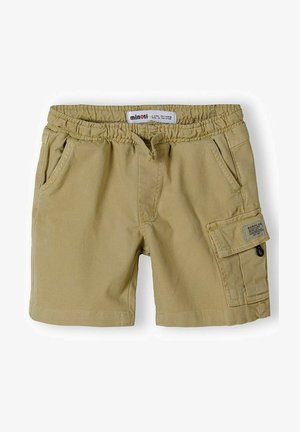 Shorts kaki din bumbac, cu talie elastică, două buzunare laterale și un buzunar tip cargo, având un detaliu suplimentar cu etichetă.