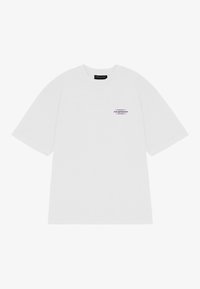White cotton T-shirt with short sleeves, features a small purple graphic design on the left chest area, crew neck, and relaxed fit.