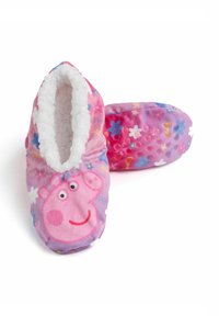Pantofole per bambini realizzate in morbido materiale peluche, di colore rosa con un motivo floreale, caratterizzate da un design di un maialino animato e un rivestimento interno bianco e accogliente.
