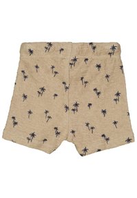 Beige terry cloth shorts with an elastic waistband, decorated with a repeating pattern of small navy blue palm trees.