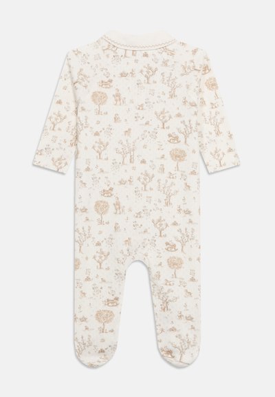 Βρεφικό φορμάκι σε κρεμ χρώμα με μακριά μανίκια, ποδαράκια καλυμμένα και απαλό καφέ σχέδιο με δέντρα, ζώα και παιδιά που παίζουν.
