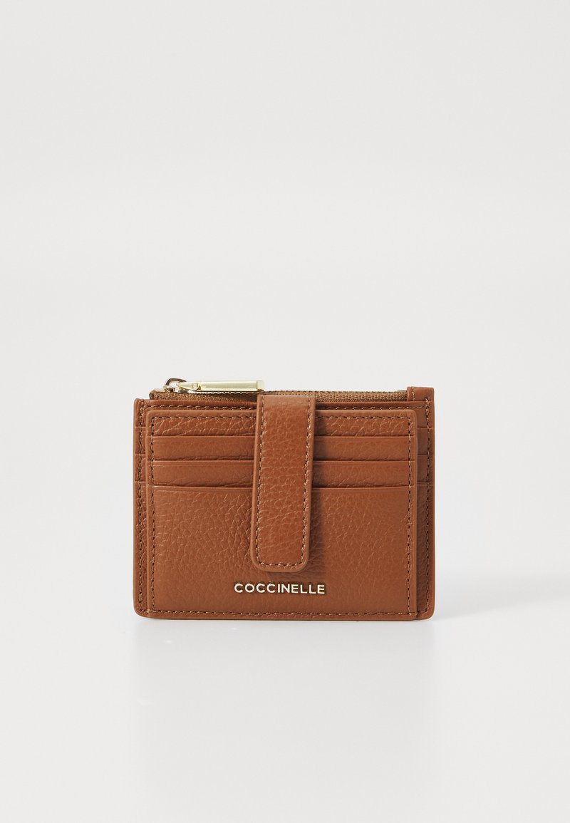 Brown leather card holder with a textured finish, featuring a front flap, multiple card slots, and a zippered compartment for coins.