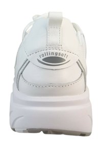 Witte leren sportschoen met een ronde hak, een gestructureerde zool en een prominente "rollingsoft" logo op de achterkant. Minimalistisch ontwerp met grijze accenten.