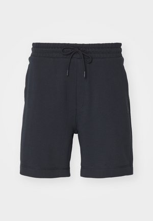 Pantalones cortos azul marino con cintura elástica y cordón ajustable, con una textura suave y un dobladillo estándar.