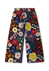 Wijde bloemenbroek van donkere stof met een mix van kleurrijke bloemen, verstelbare tailleband en een zachte, gestructureerde afwerking.