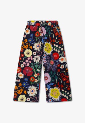Wijde bloemenbroek van donkere stof met een mix van kleurrijke bloemen, verstelbare tailleband en een zachte, gestructureerde afwerking.