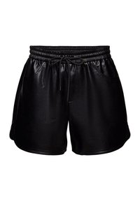 Shorts noirs en similicuir avec taille élastique, cordon de serrage et poches latérales, présentés sur fond blanc.