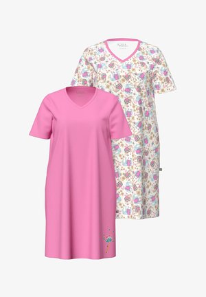 Zwei kurzärmelige Kleider mit V-Ausschnitt, eines einfarbig rosa mit einem kleinen Blumenmuster am Saum, das andere weiß mit einem bunten Lama- und Blumenmuster.