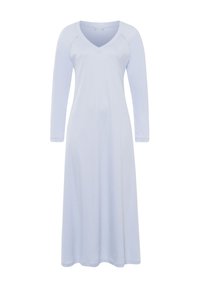 Abito a maniche lunghe, con scollatura a V in tessuto azzurro chiaro, caratterizzato da una silhouette fluida e una texture morbida, progettato per un indossamento confortevole.