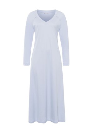 Lange mouw, V-hals jurk van lichtblauwe stof, met een vloeiende silhoutte en een gladde textuur, ontworpen voor comfortabel draagcomfort.
