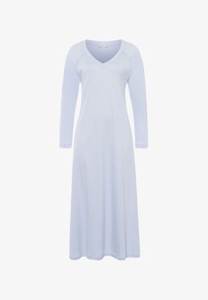 Robe à manches longues, décolleté en V en tissu bleu clair, présentant une silhouette fluide et une texture lisse, conçue pour un port confortable.