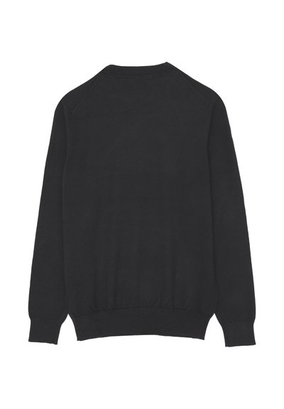 Maglione nero con scollo rotondo, maniche lunghe, polsini a coste e orlo che si ferma alla vita, realizzato in un materiale morbido.