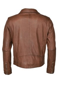 Brun läderjacka med en slät textur, knappkrage och dragkedjedetaljer på ärmarna. Har en skräddarsydd passform och ryggsömsdesign.