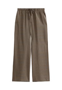 Brown and cream checkered pants featuring an elastic waistband with a drawstring, wide-leg design, and lightweight fabric texture.