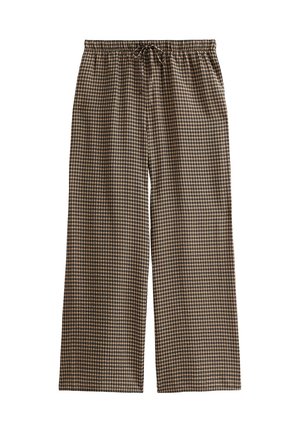 Pantalons à carreaux marron et crème avec une taille élastique à cordon de serrage, un design à jambes larges et une texture de tissu léger.