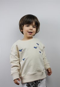 Felpa crema con ricamo di dinosauro blu, tessuto testurizzato, polsini e orlo a coste. Indossata con pantaloni chiari.
