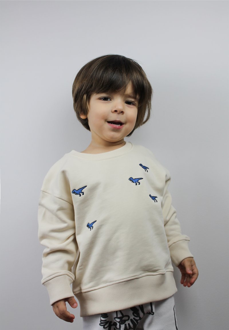 Felpa crema con ricamo di dinosauro blu, tessuto testurizzato, polsini e orlo a coste. Indossata con pantaloni chiari.