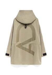 Beige huva jacka med en oversized passform, som har en stor abstrakt grafik på baksidan, elastiskt midjeband och kontrasterande svarta muddar.