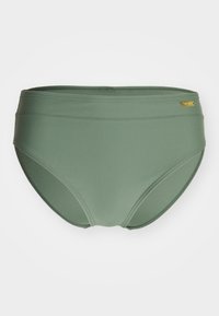 Høyt liv grønn bikini-bunn laget av glatt, elastisk stoff med subtile sømdetaljer og en liten gulllogo aksent.