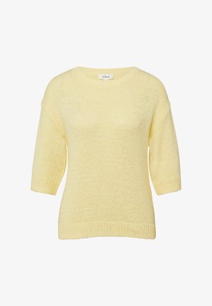Lichtgele gebreide trui met korte mouwen en een ronde hals, met een geribbelde zoom en manchetten.