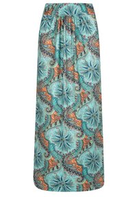 Maxime-hame dans un tissu léger, avec une base turquoise ornée de motifs paisley multicolores, ceinture élastique et design fluide.