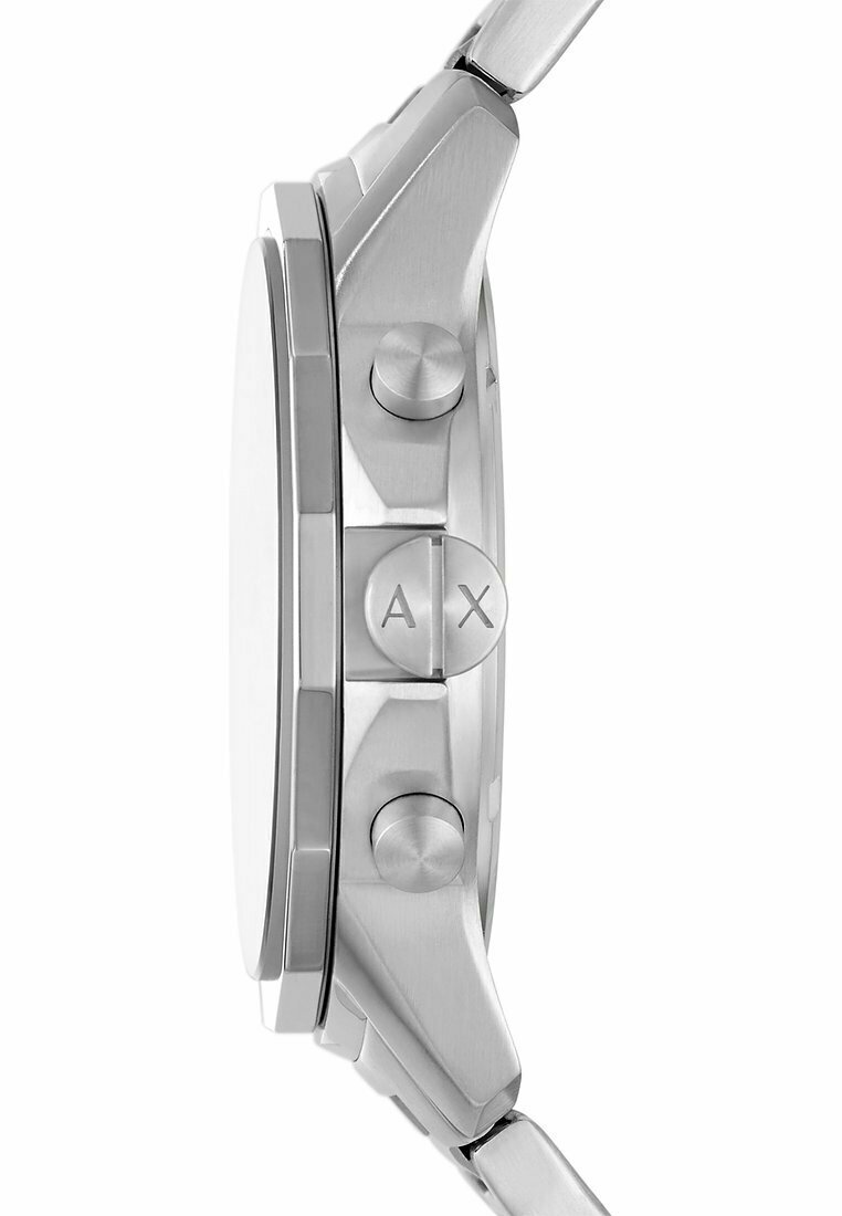 Reloj de acero inoxidable plateado con una caja redonda, tres botones de corona y un diseño suave y minimalista. Sin marcas visibles en la esfera.