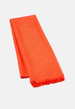 Bright orange rectangular scarf with subtle repeating "HUGO" text pattern and fringed edges, folded on a white background.