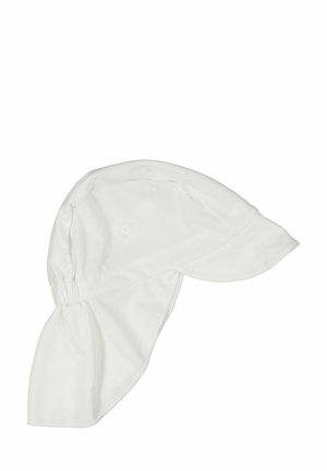 Hvid solhat med en buet skygge og lang nakke-flap, lavet af åndbart materiale. Har et samlet elastisk bånd for en sikker pasform.