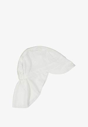 Valkoinen aurinkohattu, jossa on kaareva lippa ja pitkä niskasuojus, valmistettu hengittävästä materiaalista. Varustettu kerätyllä elastisella nauhalla turvallisen istuvuuden varmistamiseksi.