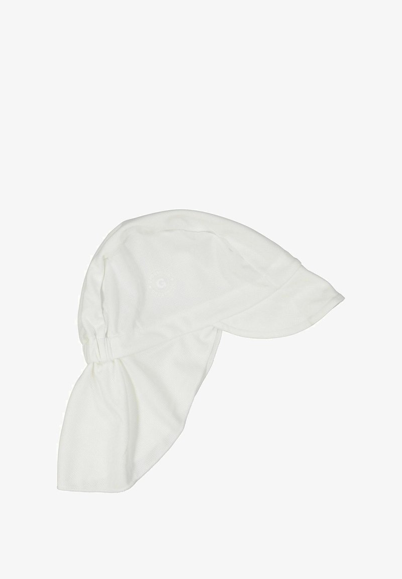 Vit solhatt med en böjd brätte och lång nackflik, tillverkad av andningsbart material. Har ett samlat elastiskt band för säker passform.