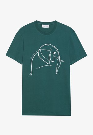 Türkisfarbnes Baumwoll-T-Shirt mit kurzen Ärmeln und Rundhalsausschnitt. Auf der Vorderseite befindet sich eine weiße Strichzeichnung eines Elefanten.