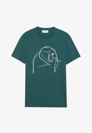 Camiseta de algodón color azul verdoso con mangas cortas y cuello redondo. Presenta un dibujo de un elefante en línea blanca en la parte frontal.