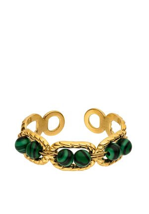 Gold bracelet cuff with twisted oval links, each holding two round green and black striped beads. Open-ended design for adjustable fit.