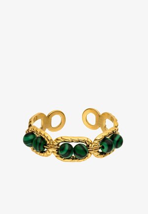 Gold bracelet cuff with twisted oval links, each holding two round green and black striped beads. Open-ended design for adjustable fit.