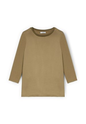 Camicia khaki a manica lunga realizzata in tessuto morbido, con colletto rotondo e vestibilità rilassata. Presenta un design semplice, senza motivi o accenti prominenti.
