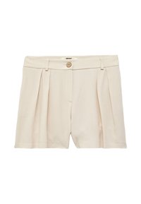 Shorts beiges avec des plis, une fermeture à bouton au niveau de la taille et une texture de tissu lisse. Design minimaliste avec une apparence ajustée.