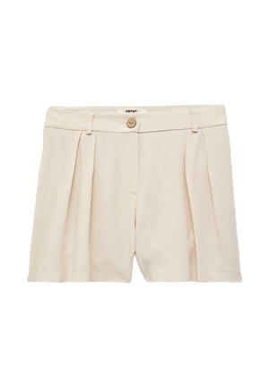 Beige Shorts mit Falten, einem Knopfverschluss am Bund und einer glatten Stofftextur. Minimalistisches Design mit einem maßgeschneiderten Erscheinungsbild.