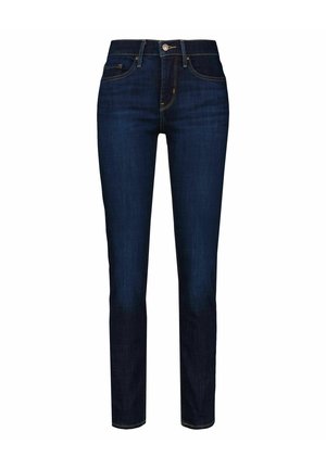 Jean skinny bleu foncé avec fermeture par bouton et zip, poches avant et arrière, et coutures contrastantes.