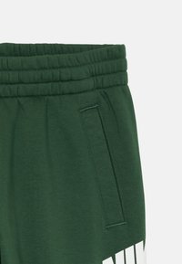 Calças de algodão verdes com cintura elástica, bolso lateral e logótipo branco em destaque na parte inferior da perna. Textura suave, design casual.