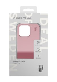 iPhone 16 Pro Max deksel, rosalilla med speilfinish, beskyttende design, resirkulerbare materialer, og falltestsertifisering.
