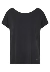 Camiseta atlética negra de manga corta y corte holgado con escote amplio y pequeño logo de Nike en gris cerca del dobladillo inferior.