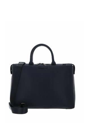 Sac en cuir structuré bleu marine avec poignées doubles, bandoulière amovible et fermeture éclair en argent.