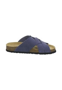 Slip-on sandal with crisscross navy suede straps, cork footbed, and black rubber sole, shown from the side on a white background.