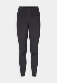 Leggings negros hechos de material elástico, con una cinturilla alta y un diseño ajustado y elegante. Textura suave sin patrones visibles.