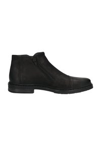 Schwarze Lederstiefeletten mit seitlichem Reißverschluss, abgerundeter Spitze und strukturierter Oberfläche. Verfügt über eine robuste Sohle und gestickte Akzente.