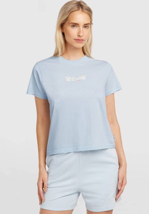 Light blue short-sleeve t-shirt with a round neckline, featuring a floral design and text printed on the chest. Soft cotton material.