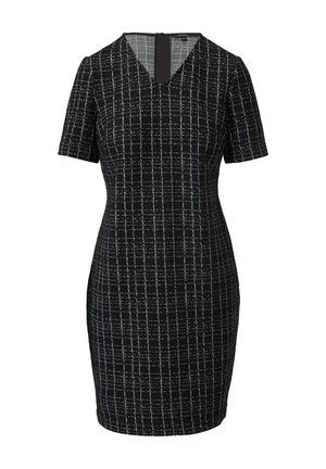 Czarna sukienka z krótkim rękawem i dekoltem w kształcie litery V, z teksturowanym wzorem siatki w bieli i srebrze. Zamek błyskawiczny z tyłu. Dopasowany krój.